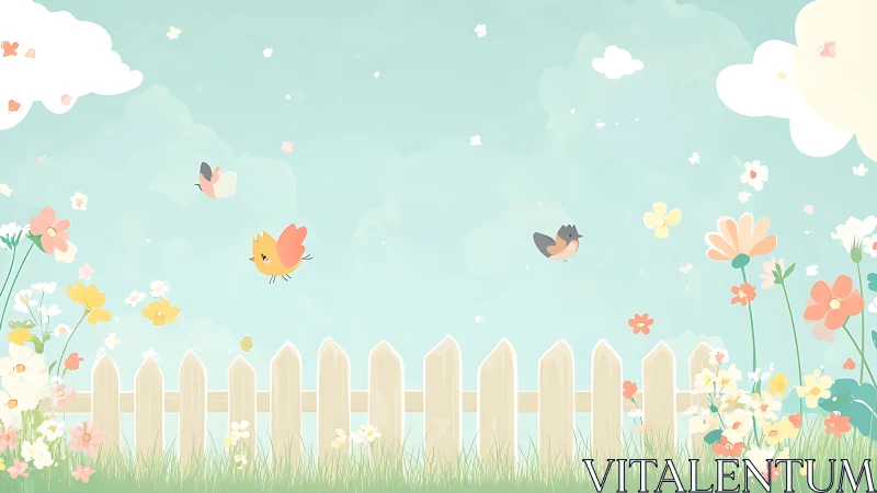 Pastel garden fence with birds under soft spring sky.
