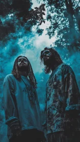 Moody portrait of two figures under blue forest haze.