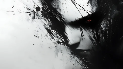 Dark digital portrait with red-eyed, fragmented face.