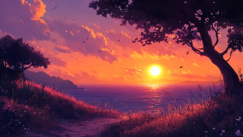 Sunset shore glows beneath violet clouds and whispering trees.