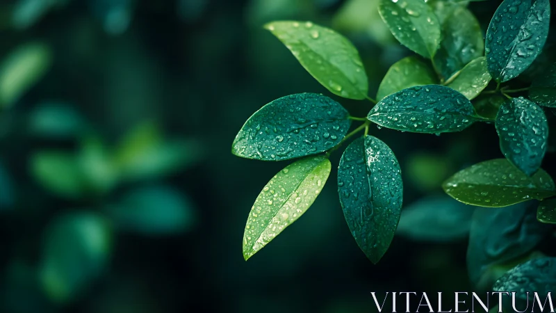 Rain-kissed green leaves glowing softly in gentle shade.