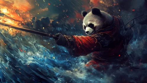 Storm-swept warrior panda stands firm with a blazing staff