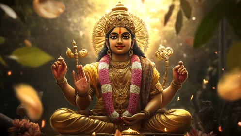 Golden seated deity with aureole, floral garland, and triśula iconography.