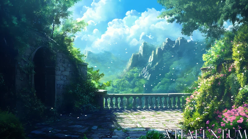 Sunlit mountain terrace overlooks lush valley garden