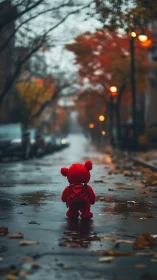 Little red bear wanders through a misty autumn city street.