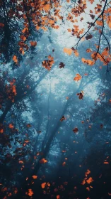 Autumn leaves suspended over dense blue forest canopy.