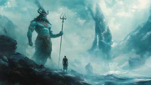 Gentle giant sea deity greeting a lone shore wanderer.