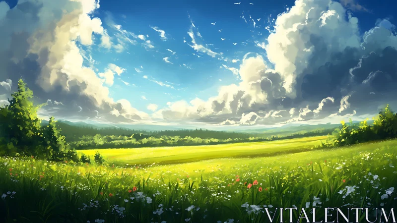 Sunlit meadow stretches beneath towering summer clouds