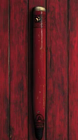 Vertically aligned red wooden cylinder on textured planked background