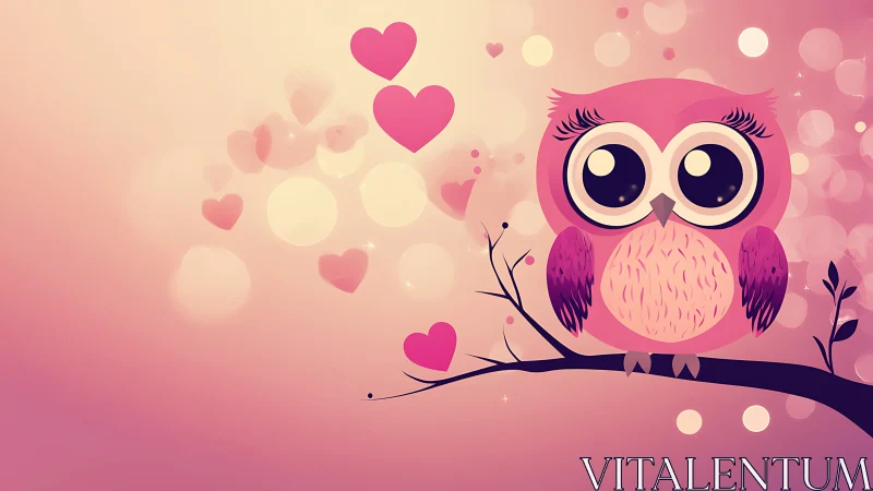 Pink cartoon owl sits on branch against heart bokeh background