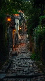 Twilight cobblestone incline with lamplit facades and dense foliage.