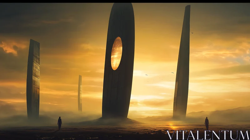 Monolithic sunrise portal with monumental sci fi silhouettes.