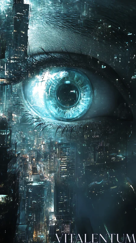 Cybernetic eye merges with neon-drenched futuristic megacityscape