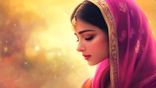 Serene Portrait of Woman in Traditional Attire, Soft Digital Art.