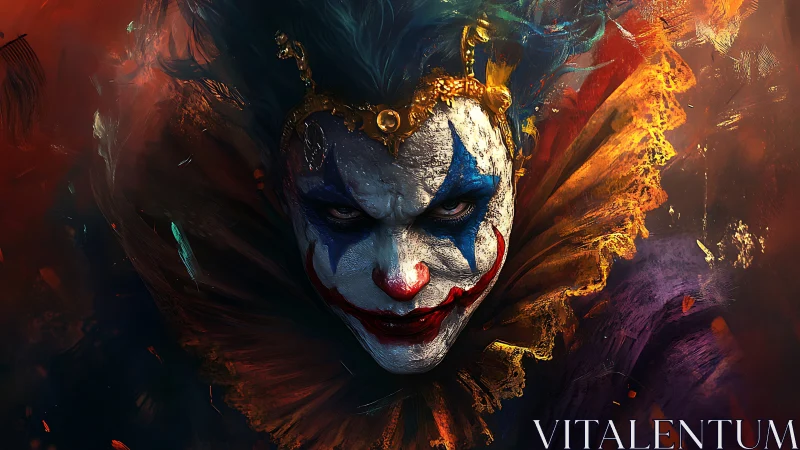 Menacing painted clown face in fiery dramatic lighting.