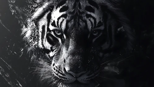 Midnight tiger emerging from shadowed water in fierce silence.