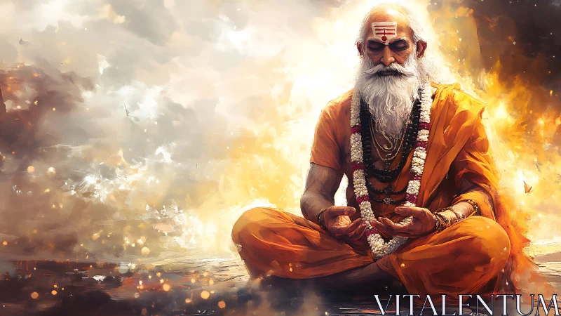 Elderly robed figure in seated pose against fiery backdrop.