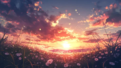 Radiant sunset over wildflower meadow in dreamy bloom.