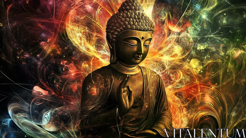 Buddha statue meditates amid swirling cosmic light energies.