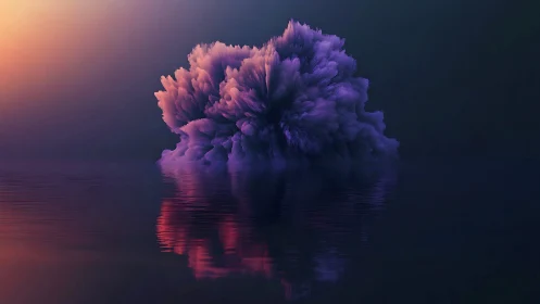 Iridescent purple cloud blooms over still reflective water