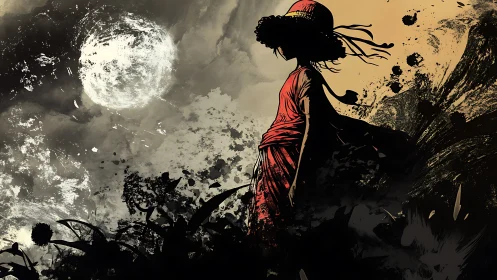 Silhouetted figure in red contemplates a turbulent lunar sky