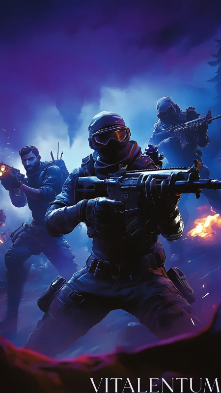 Three armed soldiers advance through neon-lit battlefield