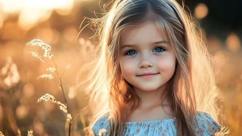 Young Girl in Golden Sunlight with White Wildflowers
