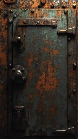 Industrial steel hatch with corroded patina and hardware detailing.