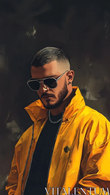 Man in yellow jacket and sunglasses against dark backdrop.