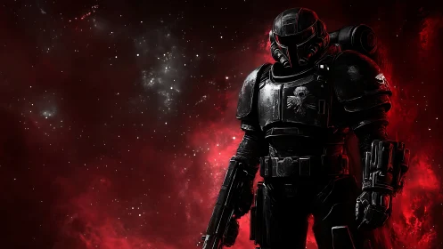 Starlit armored guardian walking through a crimson nebula.