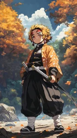 Anime swordsman portrait in autumn forest with heroic low angle.