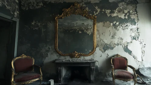 Decayed vintage sitting room with ornate mirror and chairs.