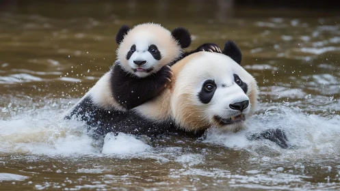 Playful panda cub rides on mother through splashing river