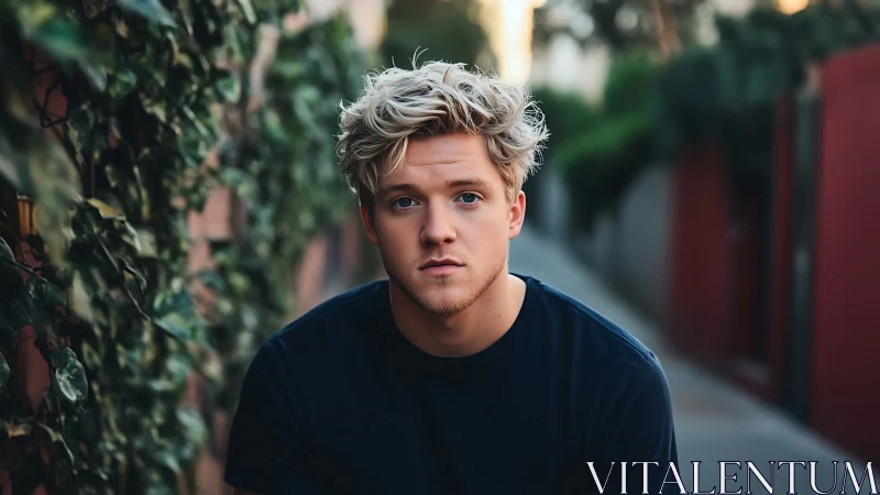 Young man in outdoor alleyway sits facing the camera