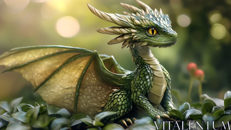 Micro-detailed green hatchling dragon rendered with translucent wing membranes