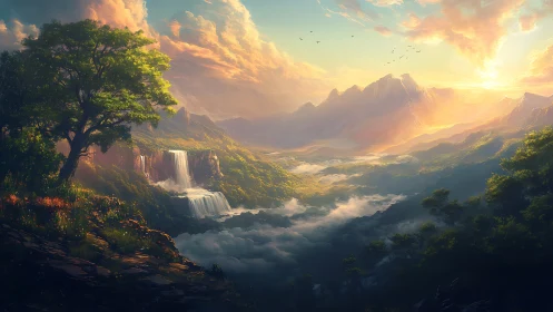 Sunlit mountain valley with waterfalls and low cloud layers