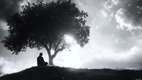 Silhouette meditates beneath a lone tree in glowing sky
