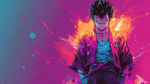 Anime warrior portrait with neon splash gradient background.