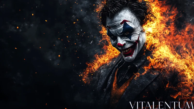 Clown-faced figure engulfed in stylized surrounding flames.