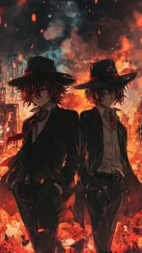Twin noir antiheroes stride through apocalyptic firestorm.