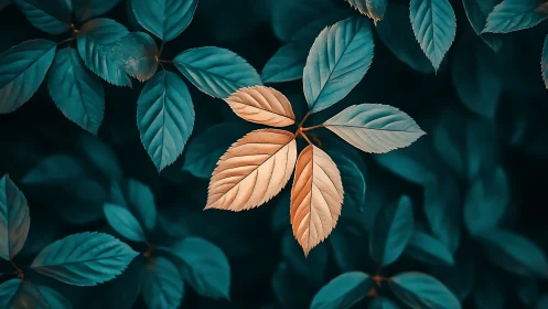 Macro photograph of warm-toned leaf cluster among teal foliage