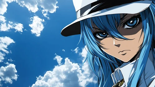 Blue-haired anime heroine gazes intensely under dynamic skies