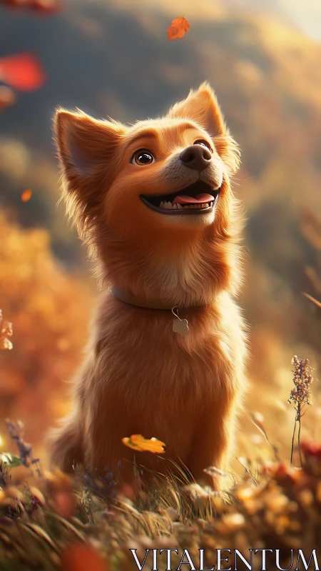 Golden dog sits in autumn field watching falling leaf