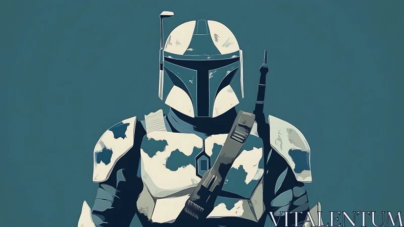 Armored sci fi warrior stands against muted teal background