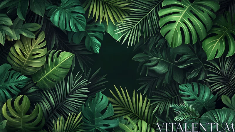 Lush tropical foliage frames deep emerald negative space