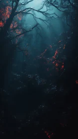 Emberlit forest canopy under deep teal moonrays.