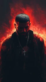 Male figure emerges from infernal red backlight in profile