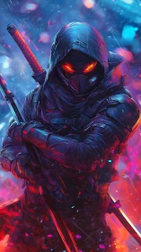 Hooded cyber ninja with glowing eyes in neon storm.