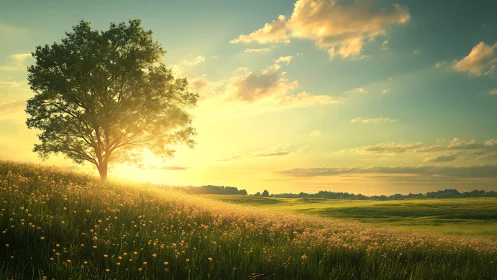 Sunlit solitary tree stands over sloping meadow at sunset