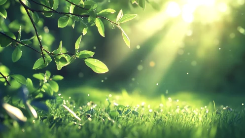 Sunlit Green Leaves and Grass in Serene Morning Nature Scene.